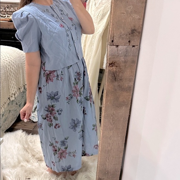 Vintage Miss Dorby Floral Blue Dress with Embroidered Details size XLarge - Picture 7 of 8